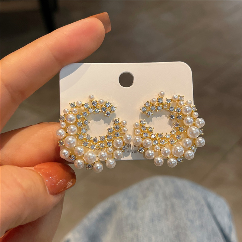 Artificial Pearls, Zircon Inlay Material 1 Pair Elegant Lady Geometric Plating Inlay Alloy Artificial Pearls Zircon Ear Studs