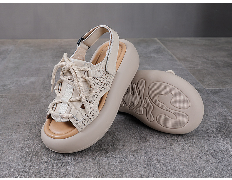 Dép sandal nữ miệng cá đế dày da bò cổ điển, hở ngón lỗ đục lỗ — Màu be chi tiết 11