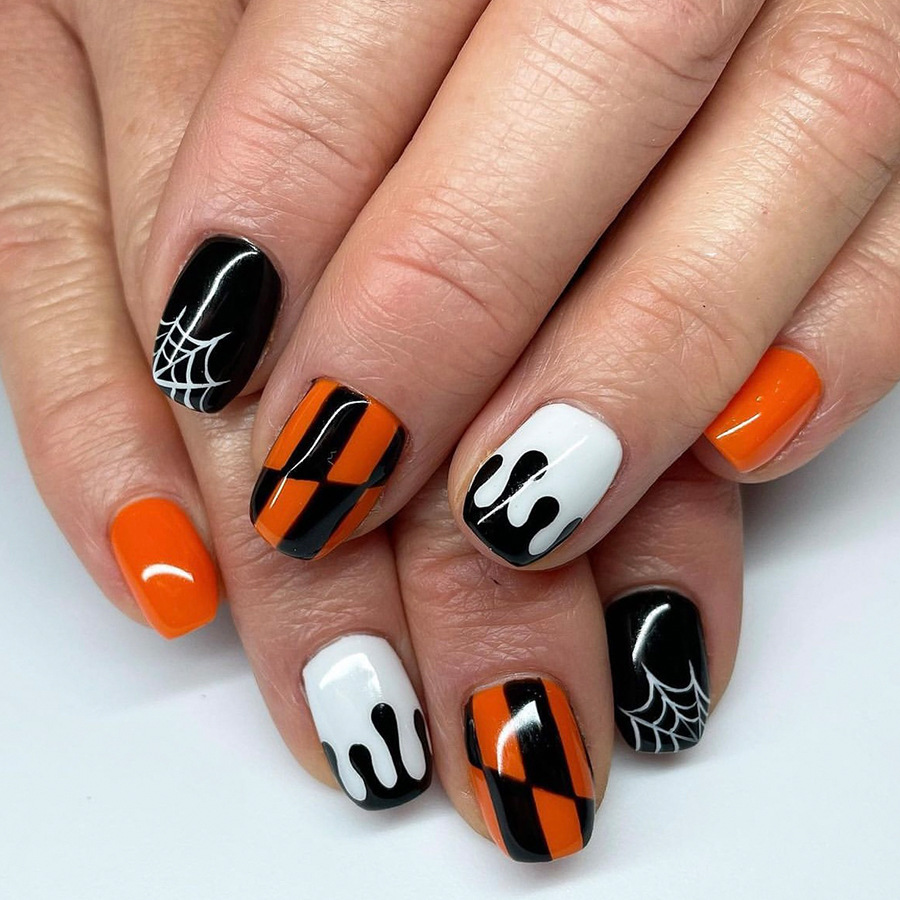Halloween False Nails Glittering Spider Web Square Press Ons_voghion.com