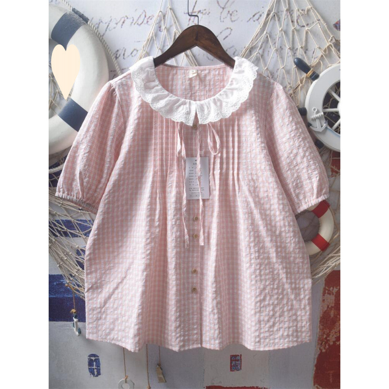 Japanese-Style Soft Girl Mori-Style Lace Doll Collar Tie Bow Loose Short-Sleeve Shirt Girl's French-Style Plaid Top