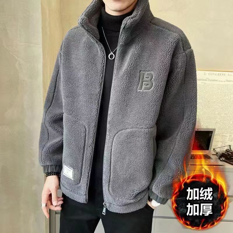 2024 남자 가을과 겨울 새로운 모방 양고기 벨벳 재킷 남자 수직 칼라 유행 기모 두꺼운 남자 겨울 자켓