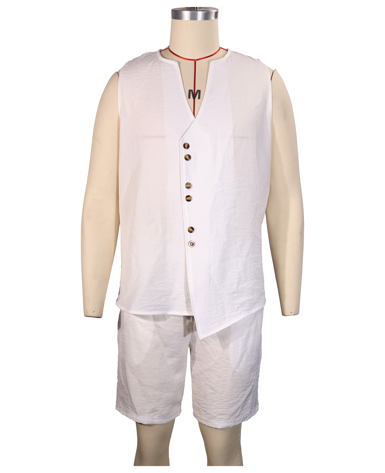Men's Irregular Casual Cotton Linen Two Piece Set V Neck Button Sleeveless Top with Shorts_viptrois.com
