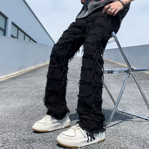Cross-border new men's denim straight-leg pants, European and American street fashion, Instagram best-selling, elastic patch denim straight-leg pants