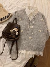灰色蝴蝶结立体刺绣软糯宽松加厚针织衫毛衣女秋冬季甜美可爱上衣