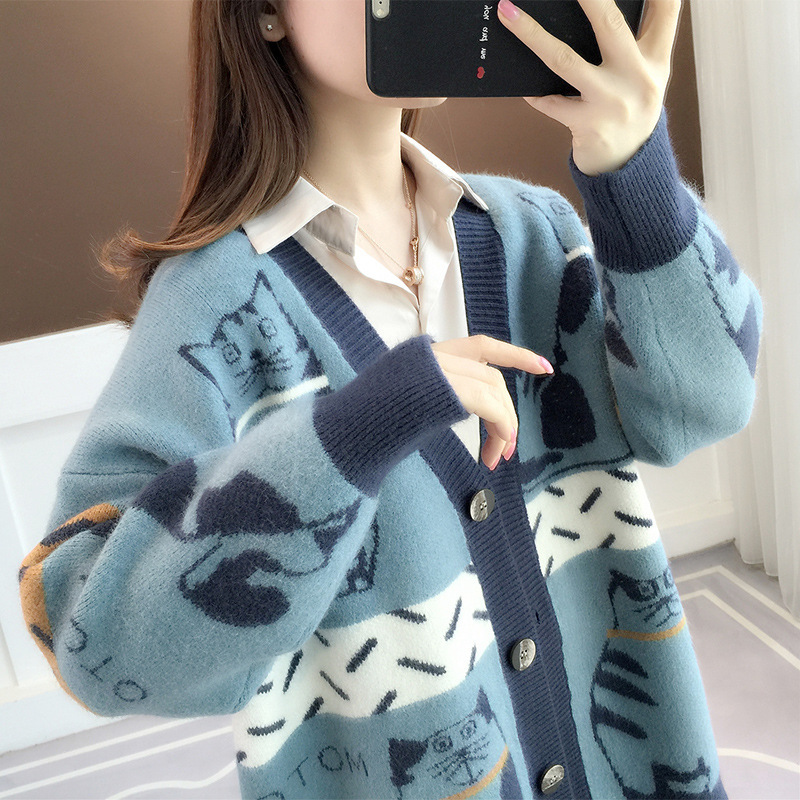 2023 Otoño e Invierno Nuevo suéter exterior de estilo perezoso suelto de las mujeres de estilo coreano con cuello en V gato de dibujos animados de punto Chaqueta de punto