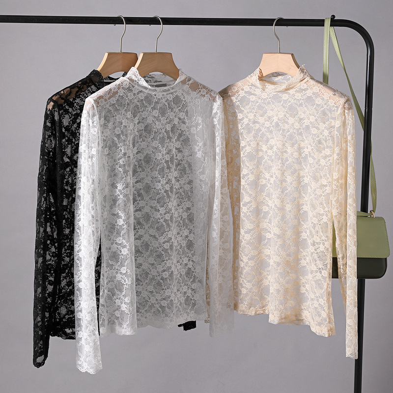 2025 New Half Turtleneck Lace Single Layer Bottoming Shirt Pullover Skin Color Thin Slim Mesh Korean Style Lace Shirt 2025 New Half Turtleneck Lace Single Layer Bottoming Shirt Pullover Skin Color Thin Slim Mesh Korean Style Lace Shirt