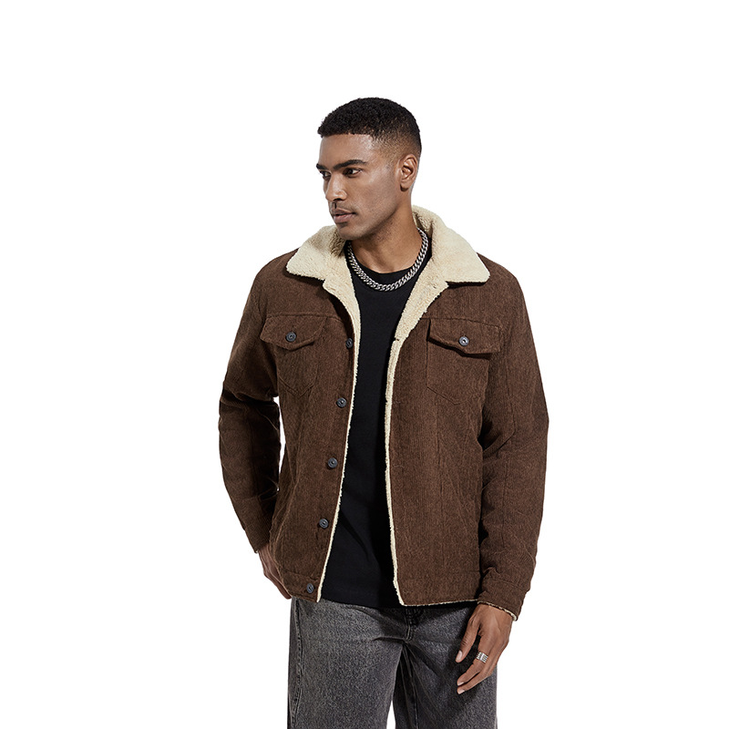 Men's outerwear winter slim fit flip collar thickened corduroy jacket youth men's top_voghion.com