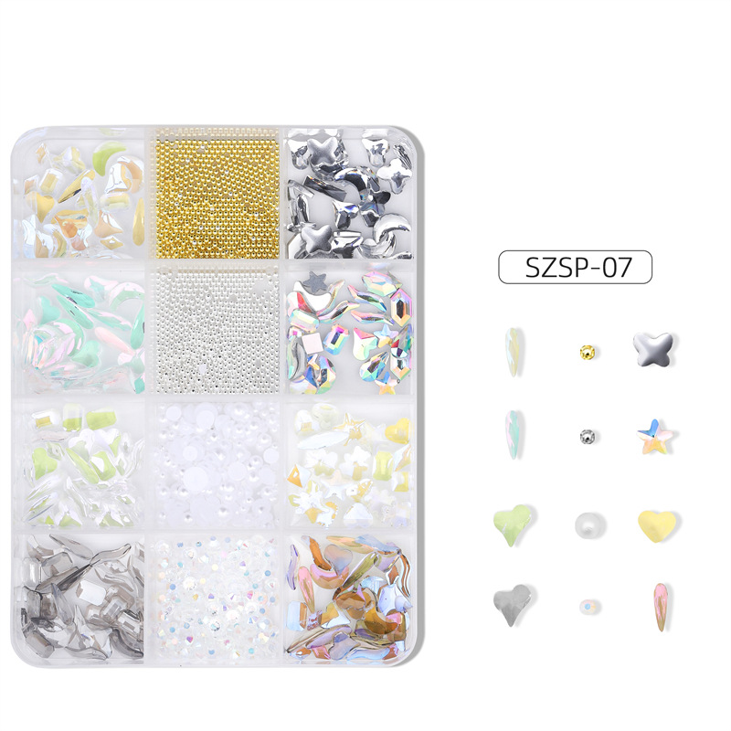 Exclusividad transfronteriza para 12 cuadros de uñas mixtas, joyas de resina, arco, perlas, Aurora, diamantes de forma especial, juego de joyas de bricolaje