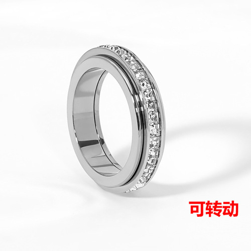 Live broadcast simple single row diamond rotatable ring 18k rose gold plated zircon titanium steel baby's breath ring for women