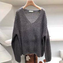 灰色马海毛毛衣女2024春秋新款v领慵懒风宽松女士港味羊毛针织衫