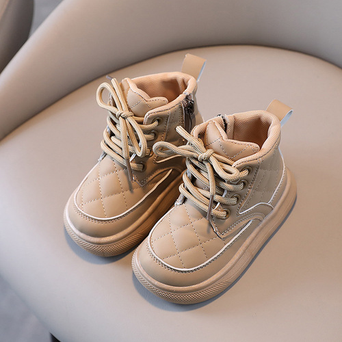 Children's boots  autumn and winter new style boys' plaid side zipper baby single boots female baby cotton boots warm shoes