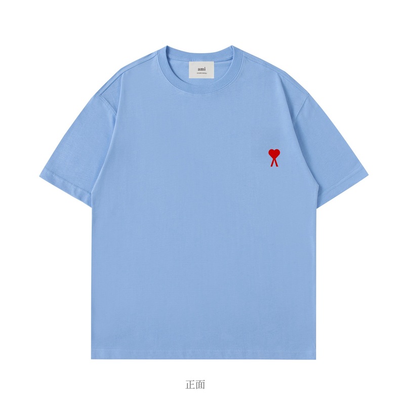 AMI&EASY 正しいバージョンのクラシックな小さな愛の刺繍半袖 Tシャツメンズ夏のトレンディなブランドルーズカジュアル多用途 Tシャツ|undefined