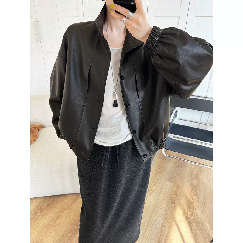 小立领~羊皮夹克女短款2025秋季新款韩版植鞣羊皮高腰皮衣外套