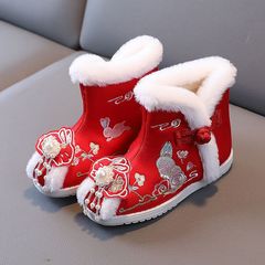 Children's embroidered shoes, Hanfu style shoes with rabbit design, ethnic style children's snow boots, Chinese style children's ancient costume cotton shoes