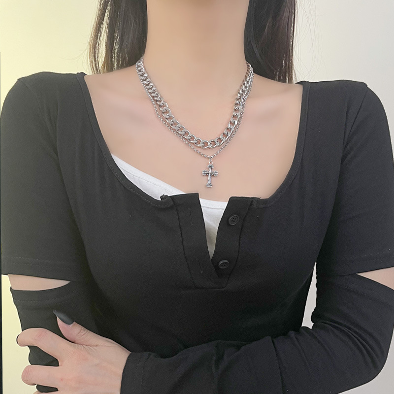 Collier pendentif croix vintage en acier titane pour femme, double rangée, style hip-hop, chaîne cubaine pour clavicule, pour homme_voghion.com