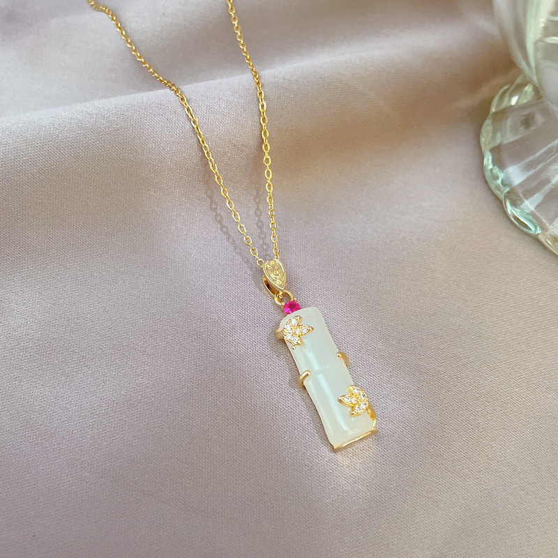 Titanstål jade bambu halsband lyxig micro diamant kedja_voghion.com