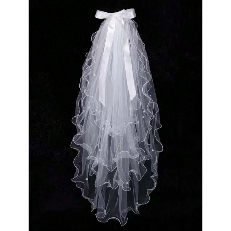 2026款 R7051 外贸代发款四层珍珠蝴蝶结细节新娘婚礼面纱珍珠制