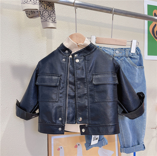 Boys' Spring and Autumn Jackets, Korean Style Children's Leather Jackets, Handsome Children's Jackets, Trendy Tops 308