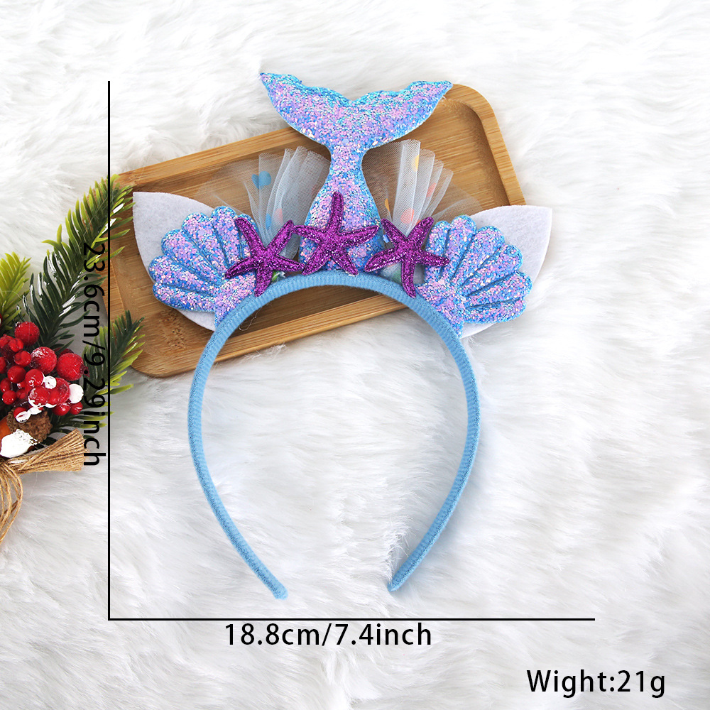 Círculos animados sirena cabello de niños sequilla cola de pez princesa toque de cabeza decoración de fiesta mar estrellas de mar conchas de cabeza de aro