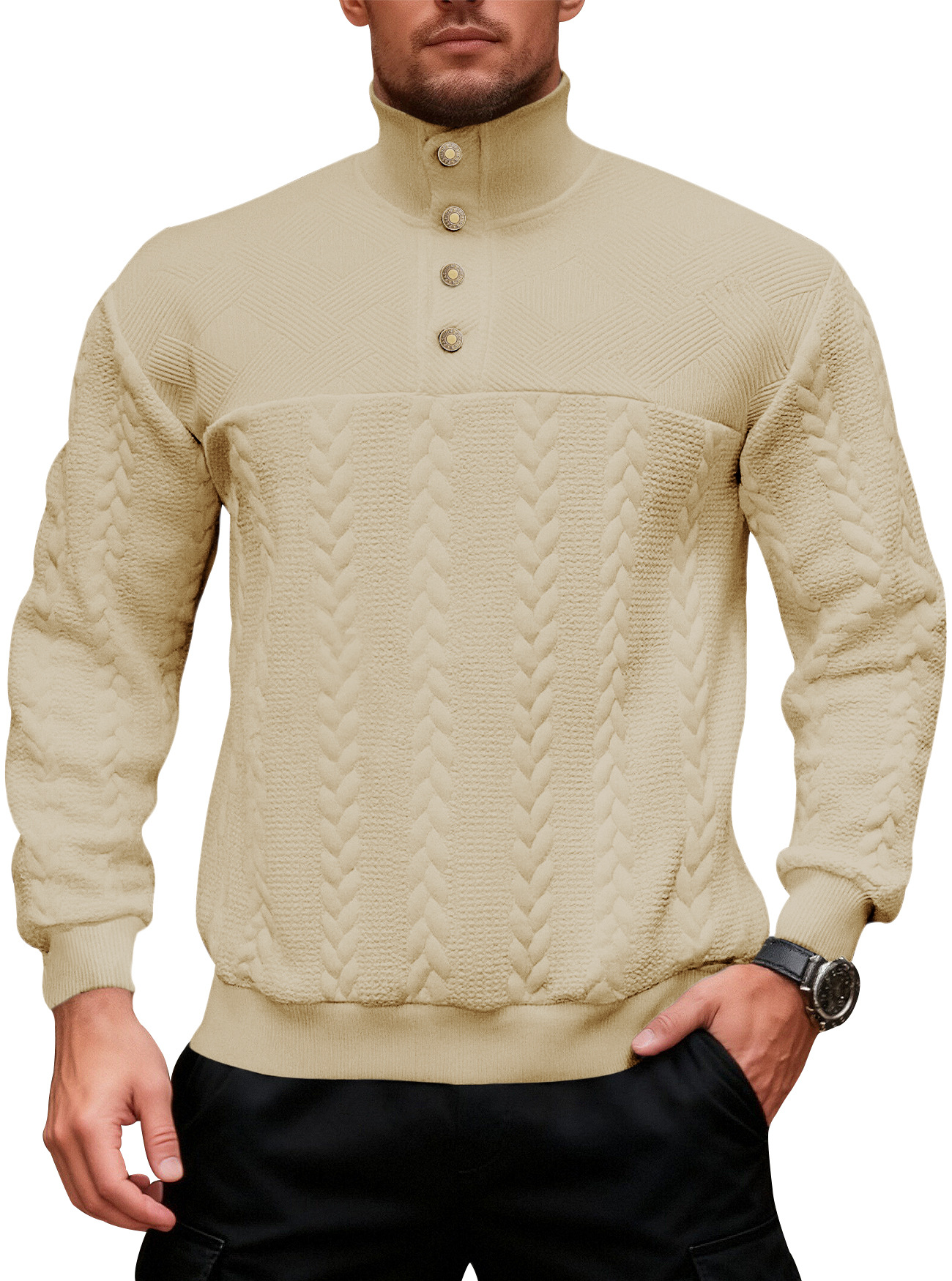 Pull en maille rétro pour homme col montant casual patchwork_voghion.com