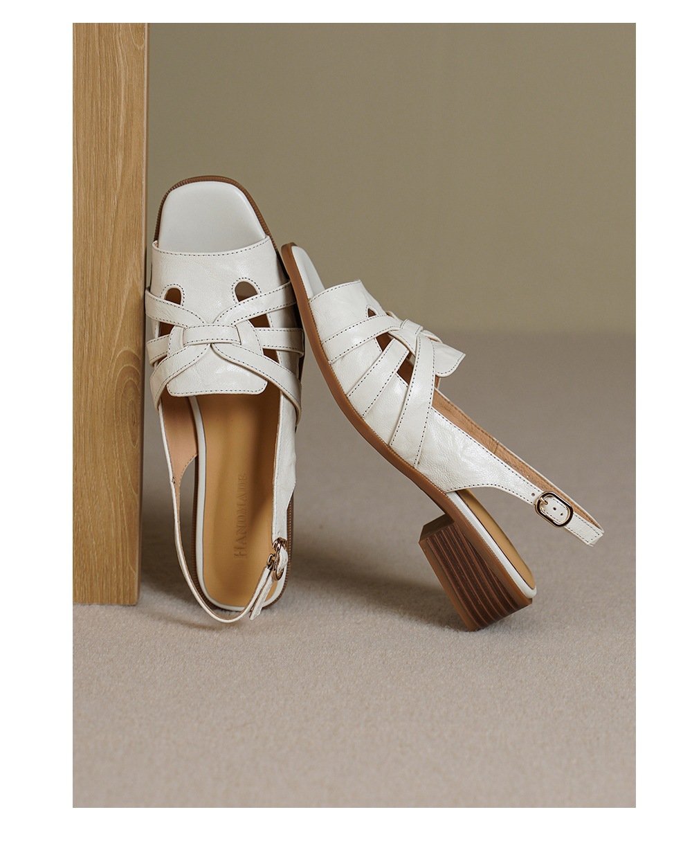 Sandal nữ hở mũi da cừu gót thô phong cách La Mã quai chữ T — đen chi tiết 12