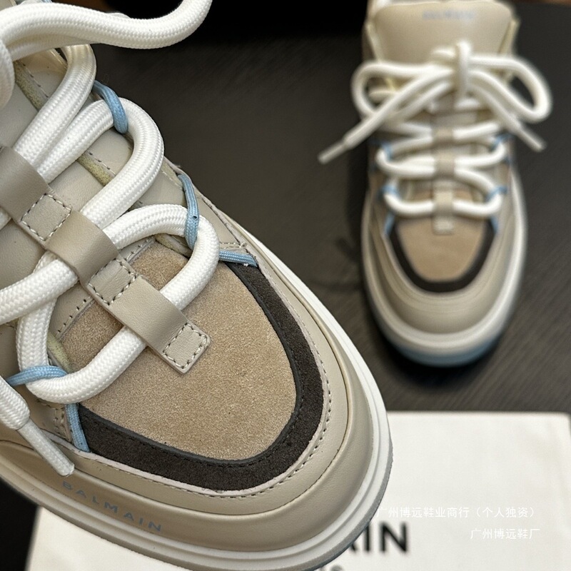 Cross-Border Balmain New Men's Fashion Casual Shoes, Height-Increasing Thick-Soled Sneakers, Genuine Leather Color-Blocking Men's Lace-Up Shoes