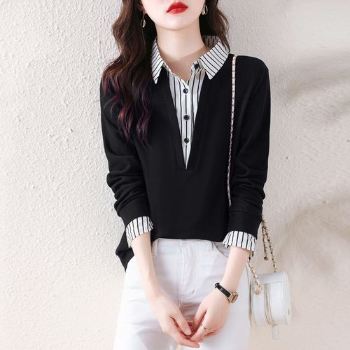 Fashion False Two-Piece Long-Sleeve Women's Shirt 2025 Spring and Autumn New Style Stylish Plus Size Top T-Shirt Outerwear Base Shirt