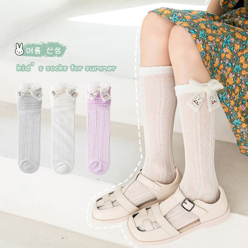 Spring and summer children's socks hollow animal mesh anti-mosquito socks bow breathable girls' socks calf socks summer thin