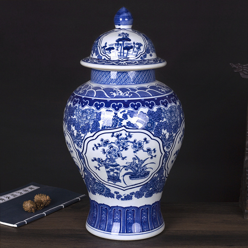 Flores azules grandes botellas de flores de cerámica Jingdezhen porcelana puerta de entrada decoración de la sala de estar