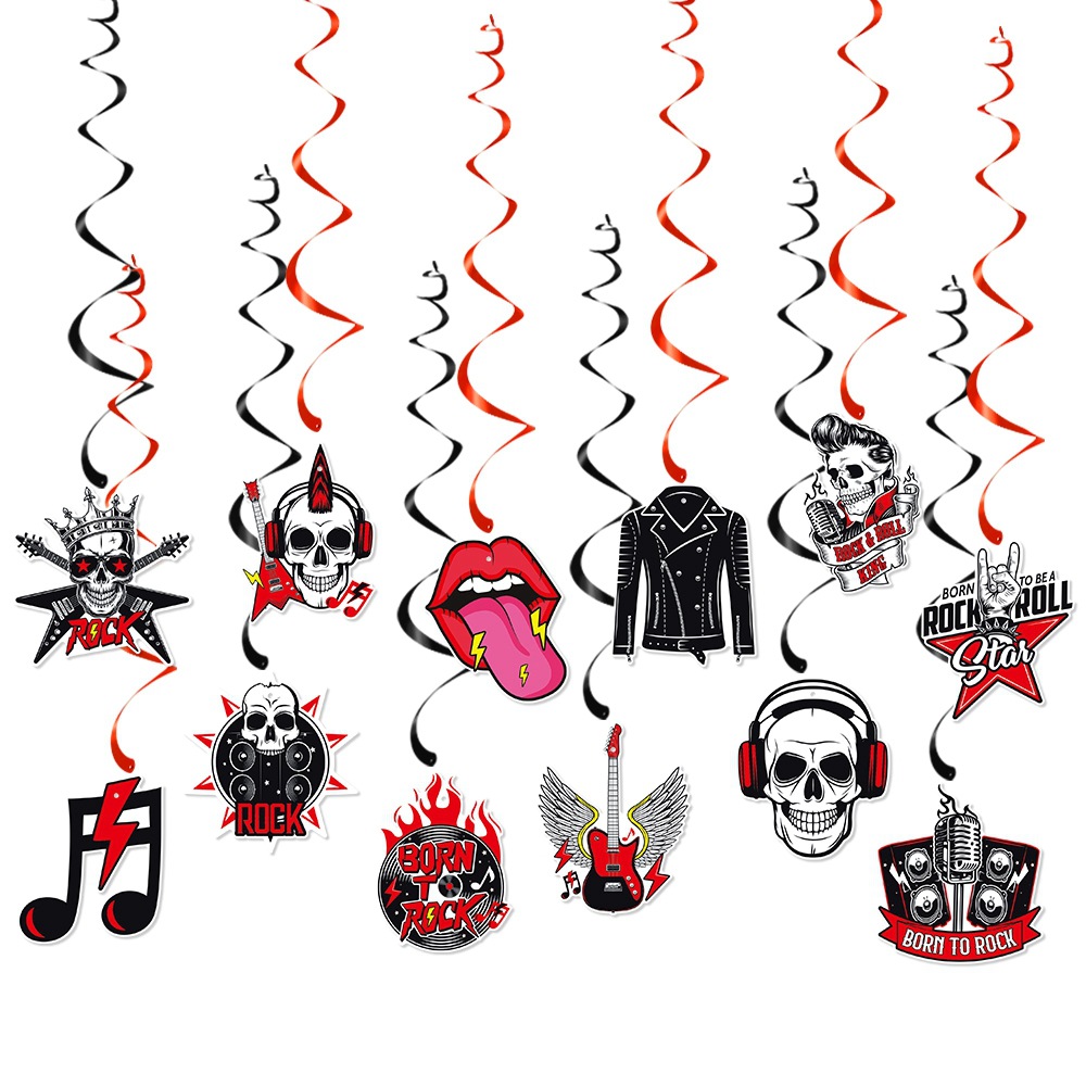 Rock transfronterizo decoración de fiesta de cumpleaños tira banderas colgantes espirales diseño de fiestas temáticas de rock colgantes