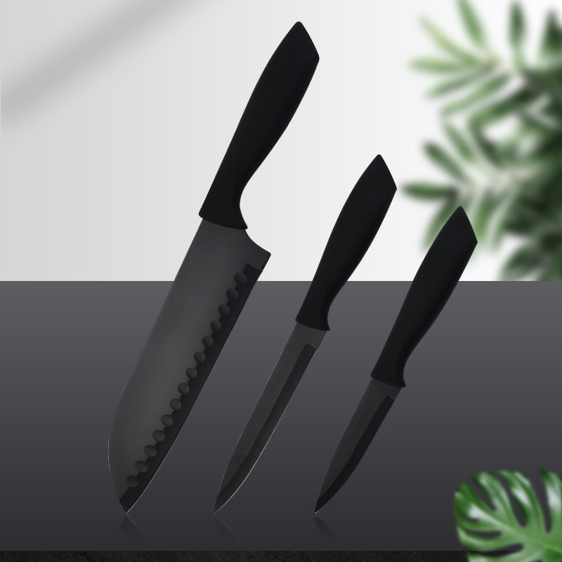 Fábrica al por mayor mango redondo cuchillo negro de pintura de tres piezas conjunto de tarjetas de succión conjunto de cuchillo de punta de cocinero de corte de frutas y verduras