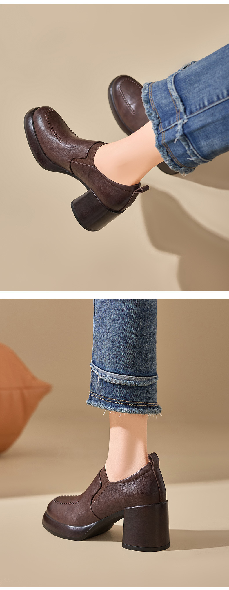 Giày loafer nữ da bò thật đế dày gót vuông 7 cm, miệng sâu, phong cách đơn giản — màu nâu chi tiết 6