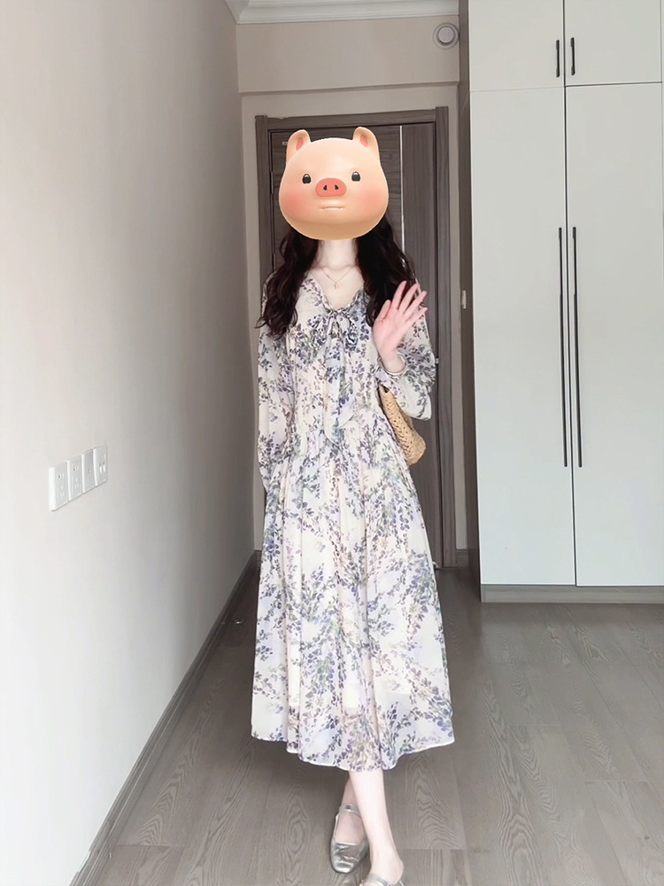 Đầm maxi nữ thắt eo voan hoa Pháp tay dài — Tím