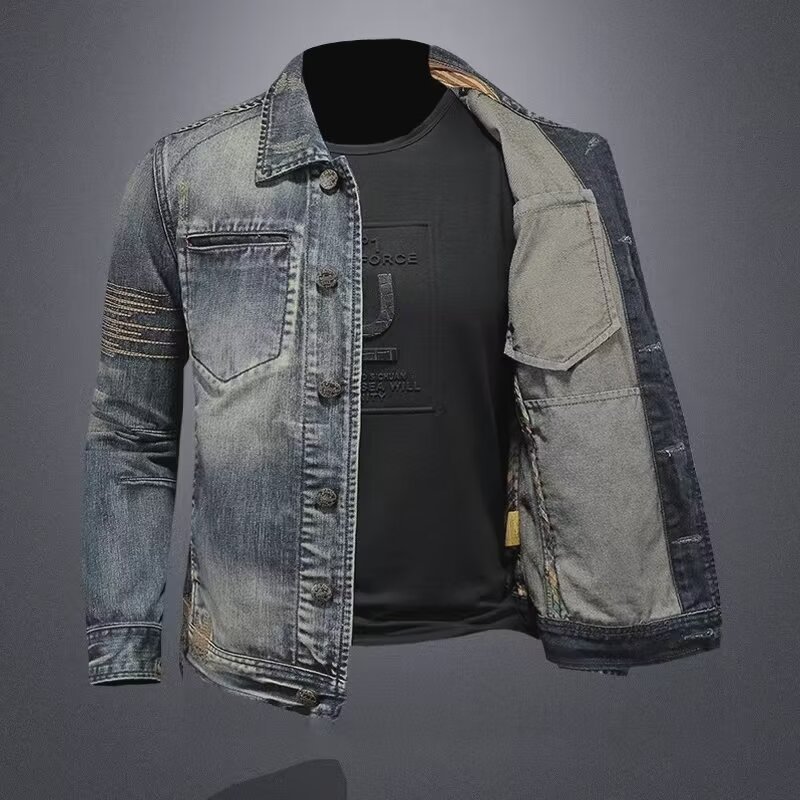 Giacca da uomo slim fit in denim vintage, stile europeo, primavera autunno, di tendenza, casual e con ricami, dal design vintage._voghion.com