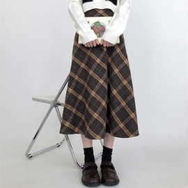 毛呢格子半身裙女秋冬新款宽松复古英伦风中长款高腰包臀a字长裙