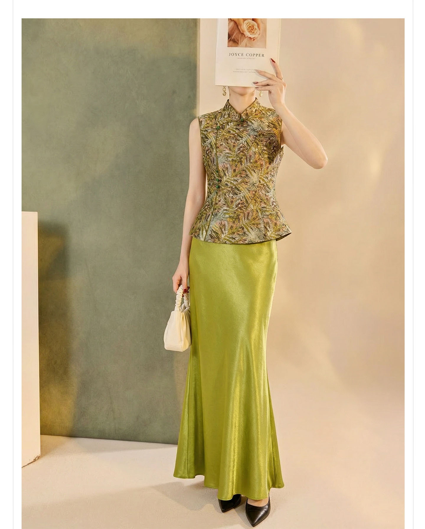 Set áo gi-lê không tay cổ đứng + chân váy midi jacquard phong cách Trung Quốc mùa hè — Màu xanh lá cây nửa váy, vàng nửa váy, Áo khoác xanh chi tiết 16
