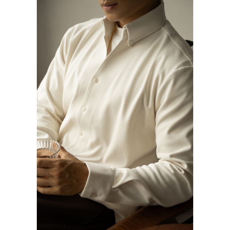 オールドマネー風蓄熱保温ウール素材小Vネック長袖シャツメンズ2026春ルーズカジュアルラペルシャツ