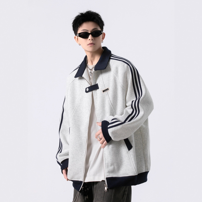 美式三条杠棒球服男女秋冬季重磅潮牌条纹运动夹克青少年拼接外套|undefined