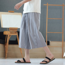 夏季大码中国风排扣棉麻休闲裤男士宽松直筒亚麻料阔腿七分裤男裤