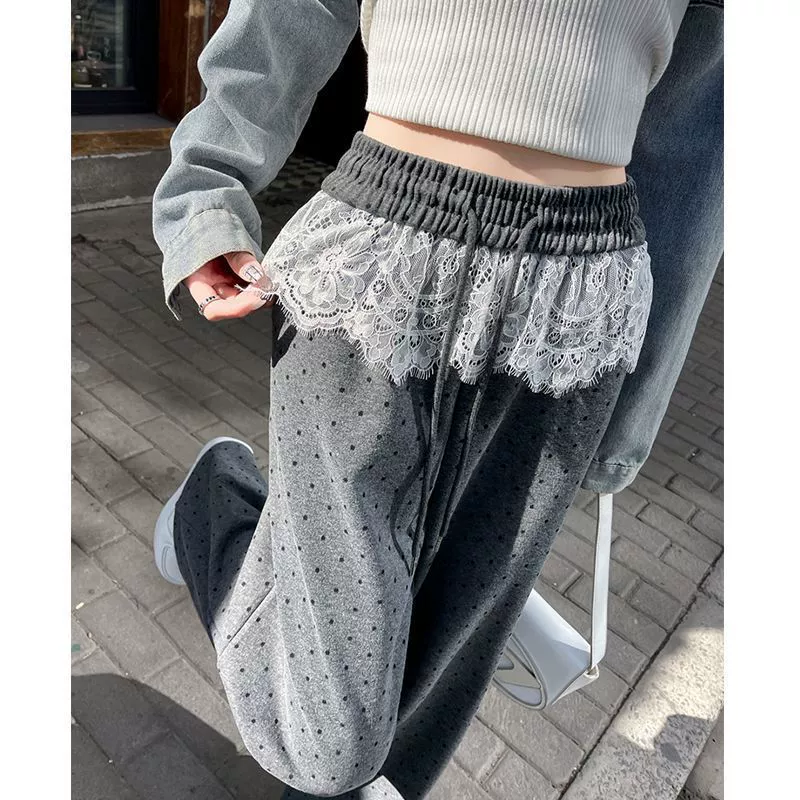 Женские повседневные брюки в горошек с кружевом, весна-осень 2025, высокая талия, свободный крой, прямые, стройнящие, драпированные, широкие штанины