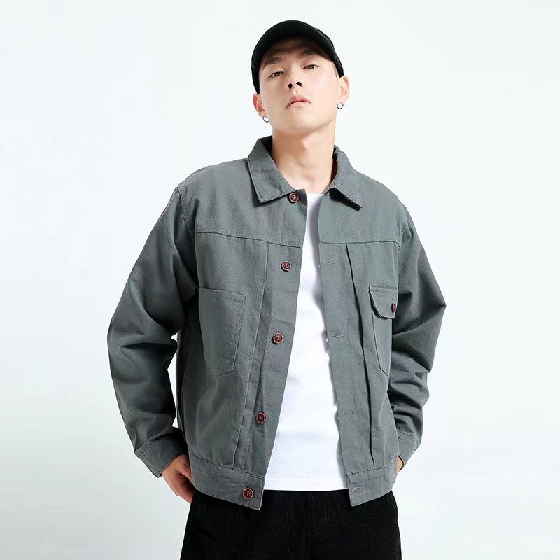 2024 primavera y otoño clásico retro chaqueta de mezclilla japonesa para hombre chaqueta de tendencia de herramientas de color sólido simple para hombre