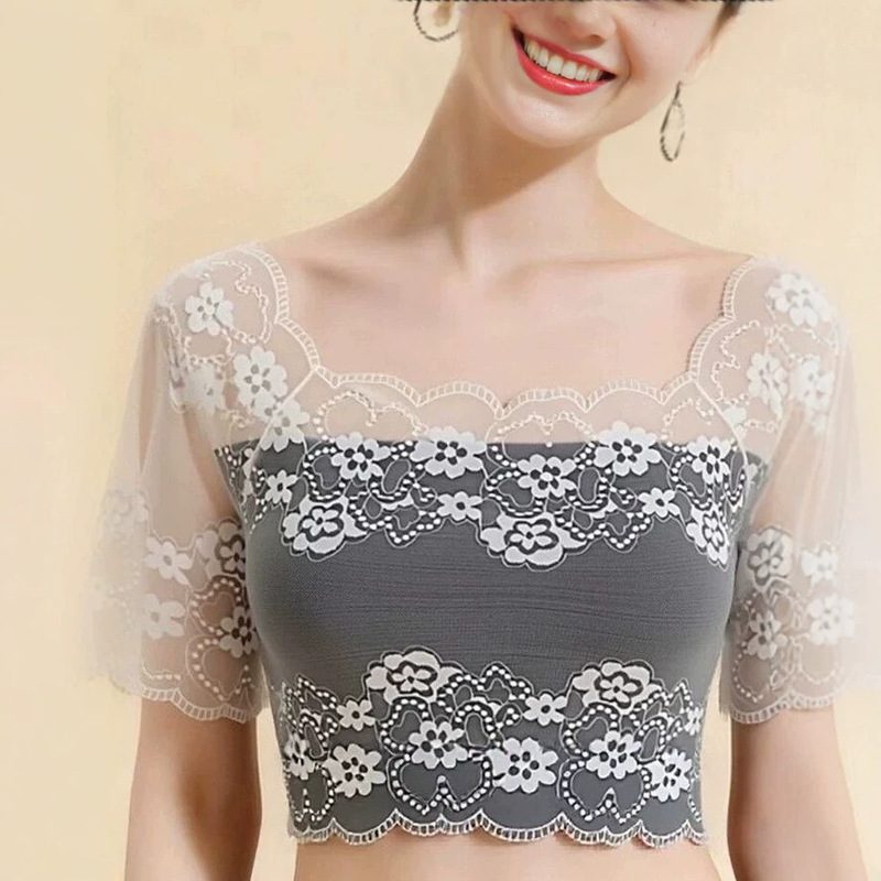 White suspender dress paired with a square-neck lace tube top and anti-exposure T-shirt, a stylish short-sleeved top for women White suspender dress paired with a square-neck lace tube top and anti-exposure T-shirt, a stylish short-sleeved top for women