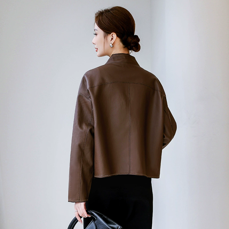 Spring short fashionable jacket, 2026 years, V-neckline, genuine leather, loose fit, Korean style