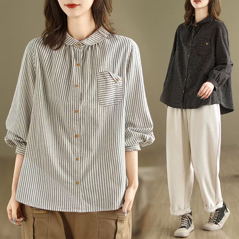 实拍2024年秋季新款棉麻文艺大码宽松显瘦条纹长袖衬衫上衣女