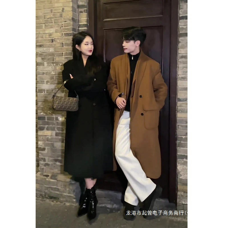双面呢大衣男中长款呢子外套冬季过膝保暖双层领假两件棕色