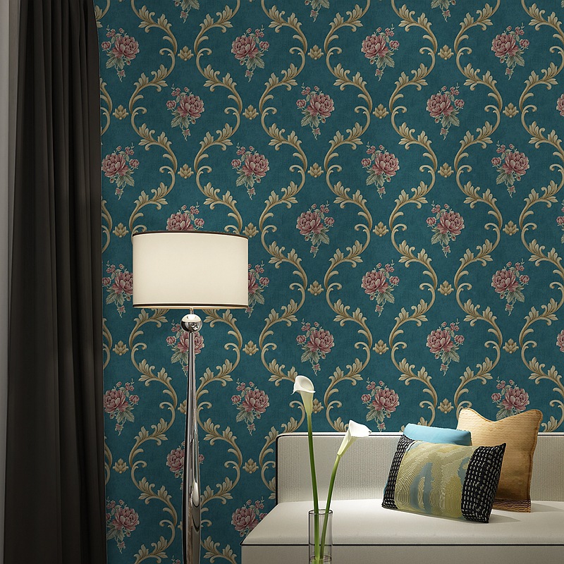 Papier peint luxueux en relief, motif rose pastorale européenne 3D bleu foncé, pour chambre, salon, hôtel ou salon de beauté._voghion.com