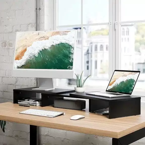 长度可调可旋转桌面置物架跨境木质双屏电脑显示器收纳增高架