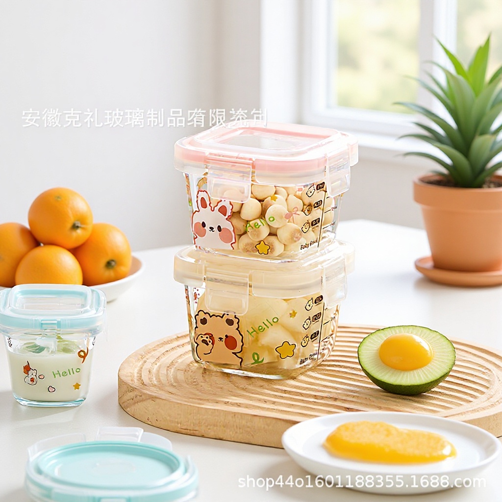 Cartoon Glass Food Supplement Box Can Steam Eggs Glass Bowl Baby Food Supplement Bowl Baby Snack Storage Box Tools Wholesale