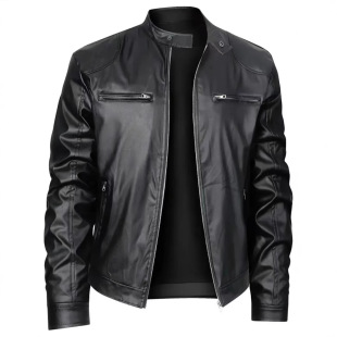 In-Stock Foreign Trade Autumn and Winter Pu Leather Jacket Business Gentleman Warm Zipper Cardigan Stand Collar Slim Top with Decorative Pocket