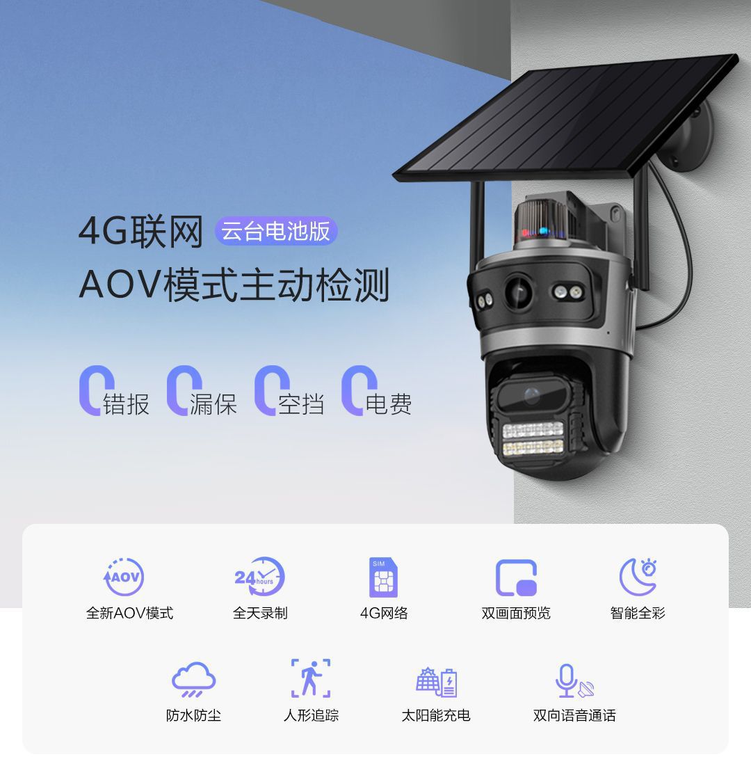 Waterproof solar monitor, 4-megapixel high-definition mobile phone remote intercom, dual-eye AOV all-day recording, 4G camera Specification drawing